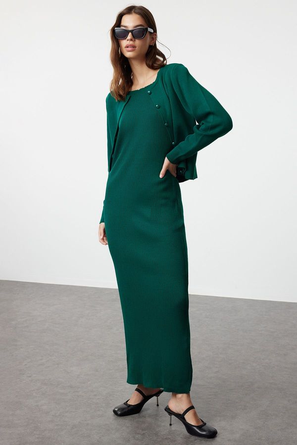 Trendyol Trendyol Emerald Green Corded Knitwear Cardigan Dress Suit