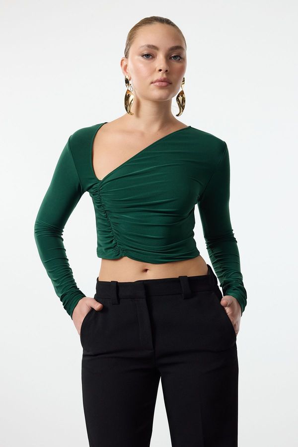 Trendyol Trendyol Emerald Green Crop Draped Knitted Blouse