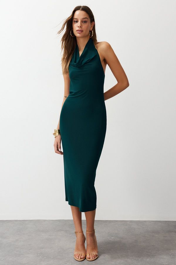 Trendyol Trendyol Emerald Green Degaje Collar Flexible Knitted Midi Pencil Dress