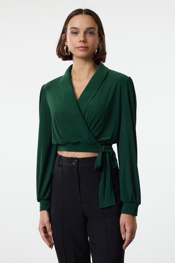 Trendyol Trendyol Emerald Green Double Breasted Crop Elastic Knit Blouse