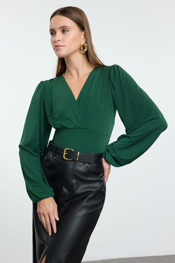 Trendyol Trendyol Emerald Green Double Breasted Gather/Drape Detail Long Sleeve Flexible Knitted Blouse