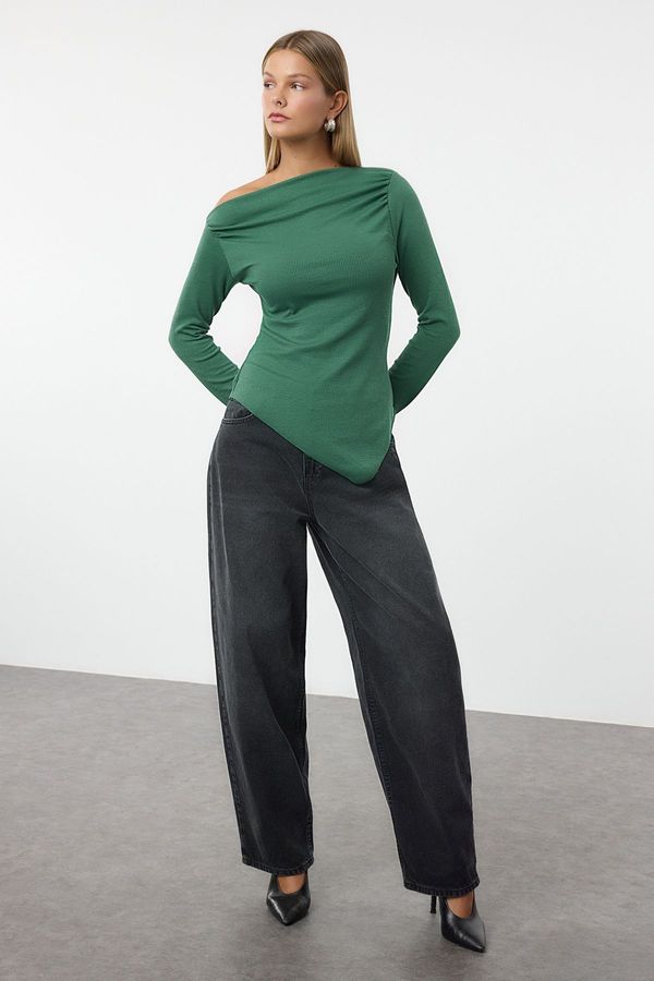 Trendyol Trendyol Emerald Green Draped Boat Neck Asymmetrical Flexible Knitted Blouse