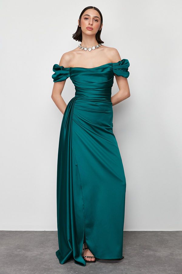 Trendyol Trendyol Emerald Green Draped Satin Long Evening Dress