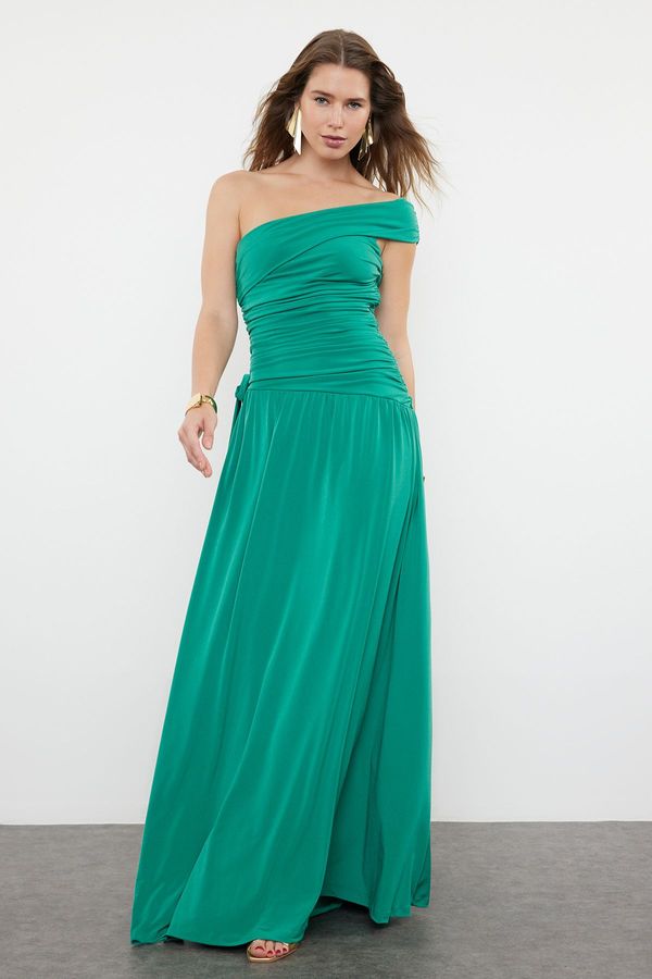 Trendyol Trendyol Emerald Green Fitted Knitted Long Evening Dress