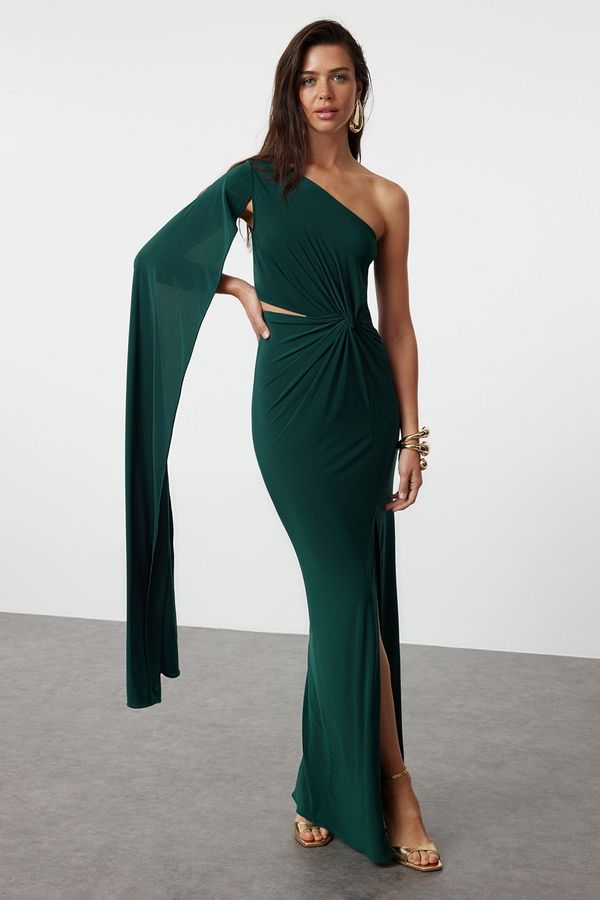 Trendyol Trendyol Emerald Green Fitted One Sleeve Detailed Knitted Long Elegant Evening Dress & Graduation Dress