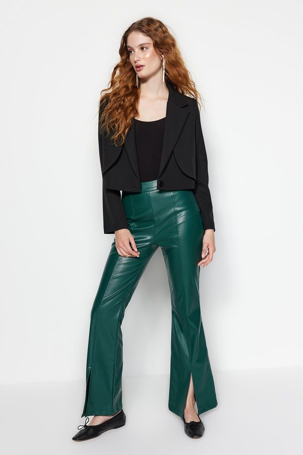 Trendyol Trendyol Emerald Green Flare Flare Woven Faux Leather Cuff Slit Detailed Trousers