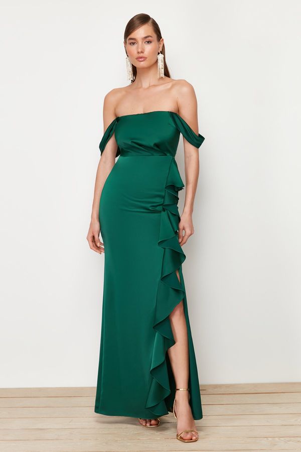 Trendyol Trendyol Emerald Green Flounced Satin Long Evening Dress