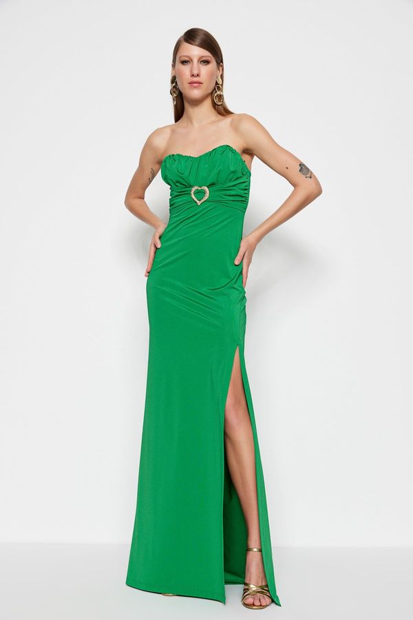 Trendyol Trendyol Emerald Green Lined Knitted Accessory Long Evening Dress