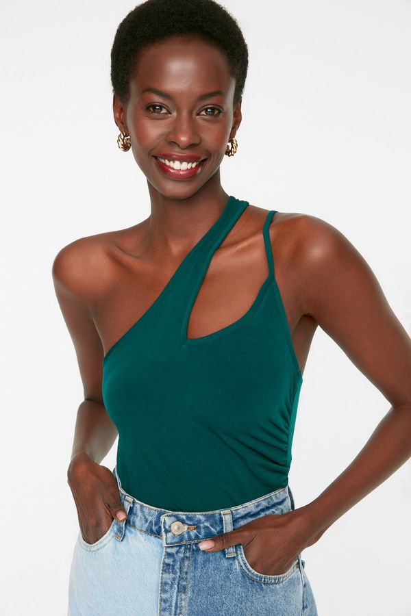Trendyol Trendyol Emerald Green One-Shoulder Draped Elastic Knitted Fitted Blouse