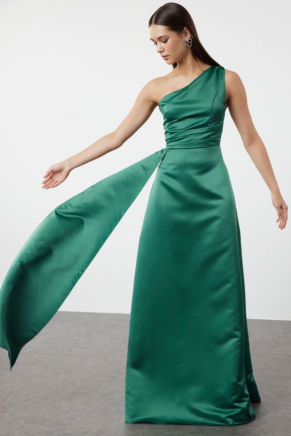 Trendyol Trendyol Emerald Green One Shoulder Woven Satin Evening Dress & Graduation Dress