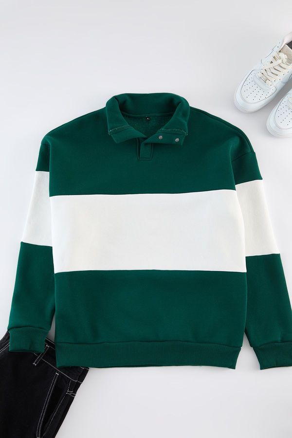 Trendyol Trendyol Emerald Green Oversize/Wide Cut Snap Button Color Inside Polar Fleece Cotton Sweatshirt