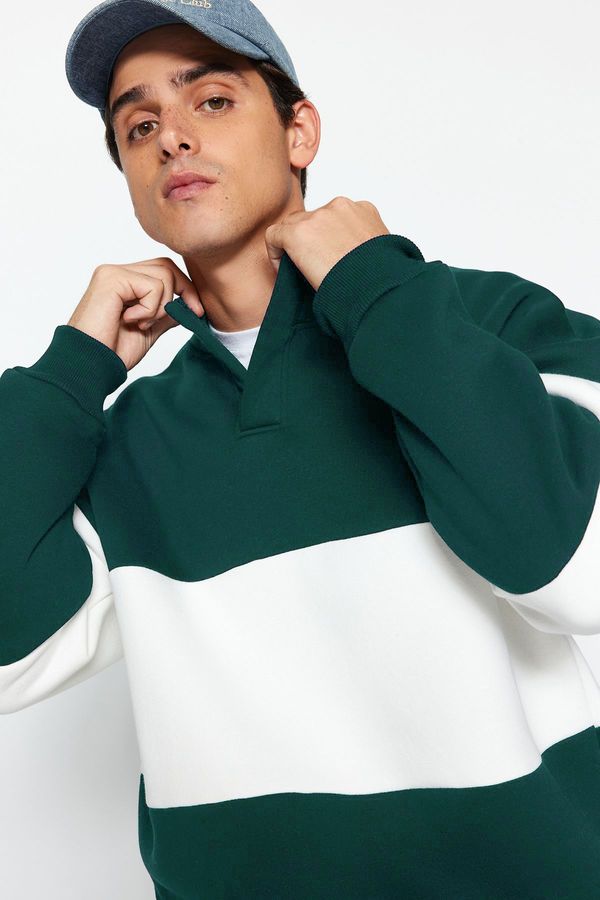 Trendyol Trendyol Emerald Green Oversize/Wide Cut Snap Button Color Inside Polar Fleece Cotton Sweatshirt