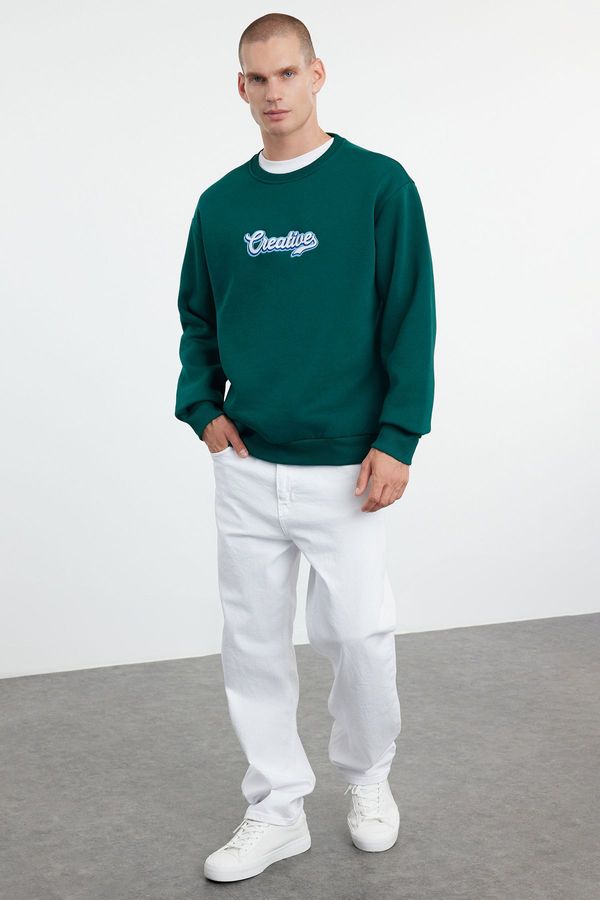 Trendyol Trendyol Emerald Green Oversize/Wide Cut Text Embroidered Crew Neck Sweatshirt