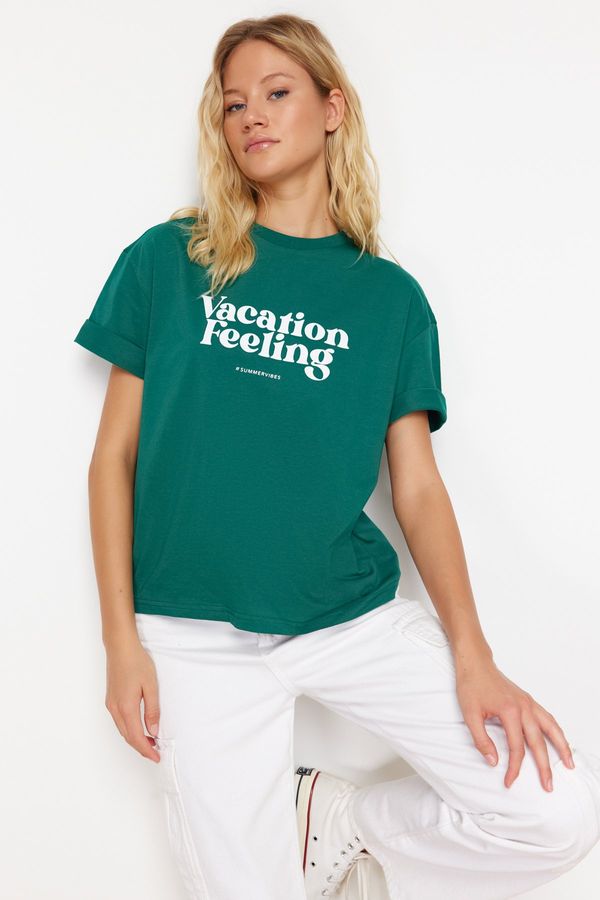Trendyol Trendyol Emerald Green Printed Premium 100% Cotton Relaxed/Comfortable Fit Knitted T-Shirt