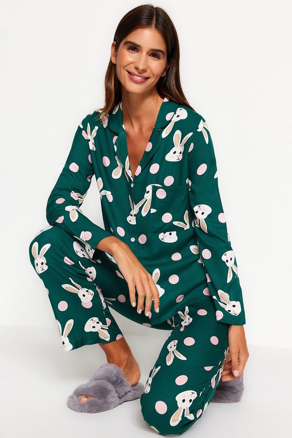 Trendyol Trendyol Emerald Green Rabbit Patterned Viscose Shirt-Pants Woven Pajamas Set