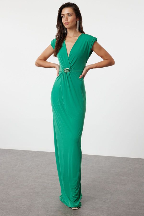 Trendyol Trendyol Emerald Green Shiny Stone Buckle Detailed Knitted Long Evening Dress