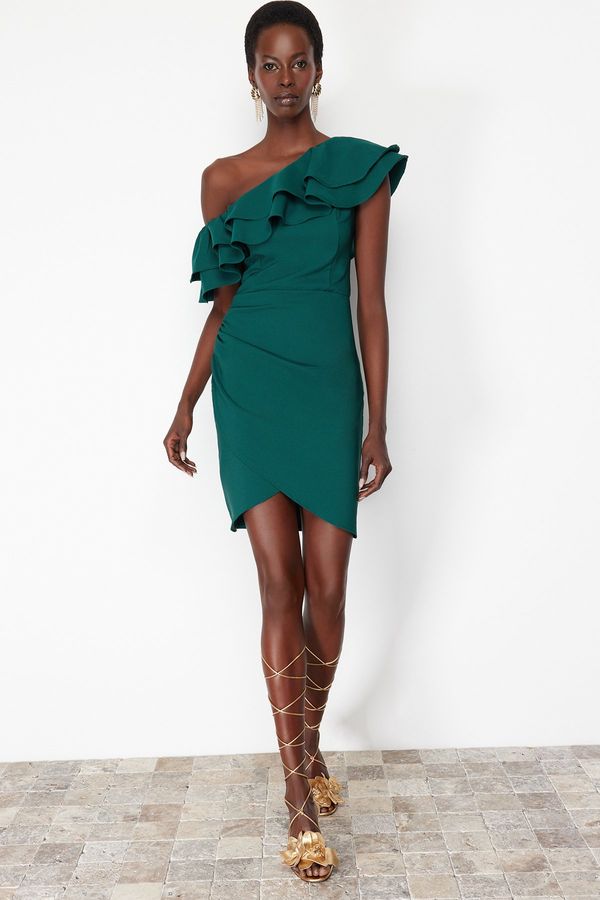 Trendyol Trendyol Emerald Green Single Sleeve Ruffled Elegant Evening Dress