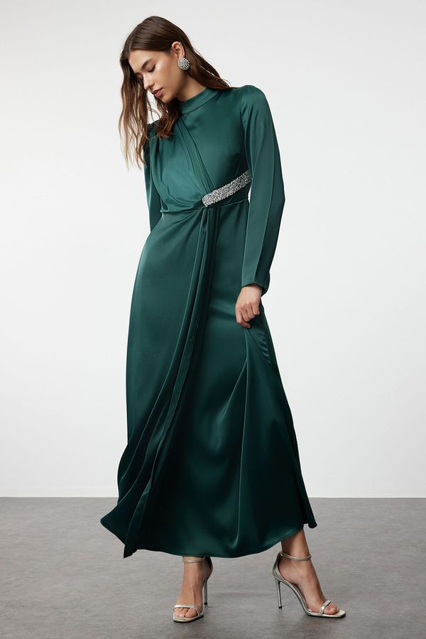 Trendyol Trendyol Emerald Green Stone Belted Long Satin Woven Evening Dress