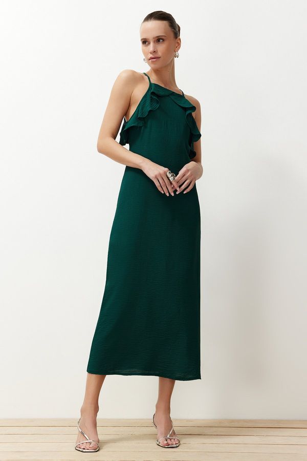 Trendyol Trendyol Emerald Green Straight Cut Ruffle Detailed Maxi Woven Dress