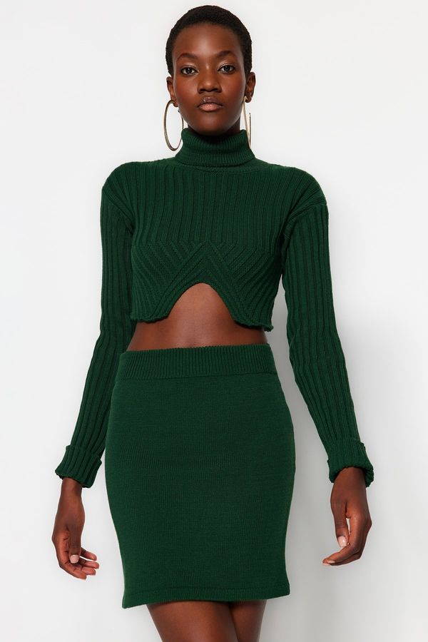 Trendyol Trendyol Emerald Green Super Crop Turtleneck Skirt Knitwear Two Piece Set
