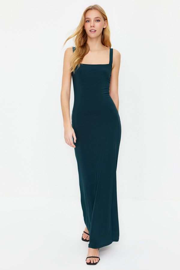 Trendyol Trendyol Emerald Green Thick Strap Fitted Maxi Stretchy Knitted Dress
