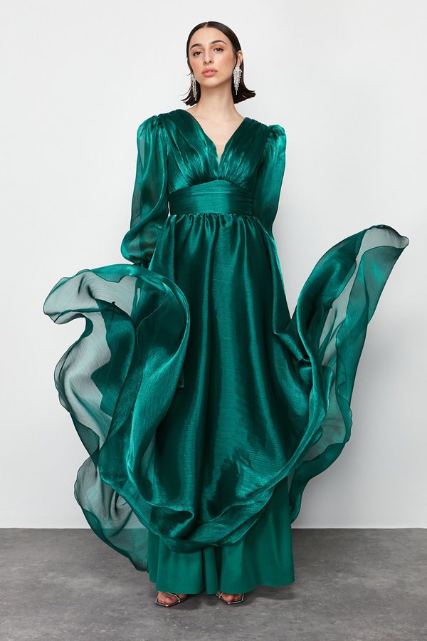 Trendyol Trendyol Emerald Green Tulle Long Elegant Evening Dress
