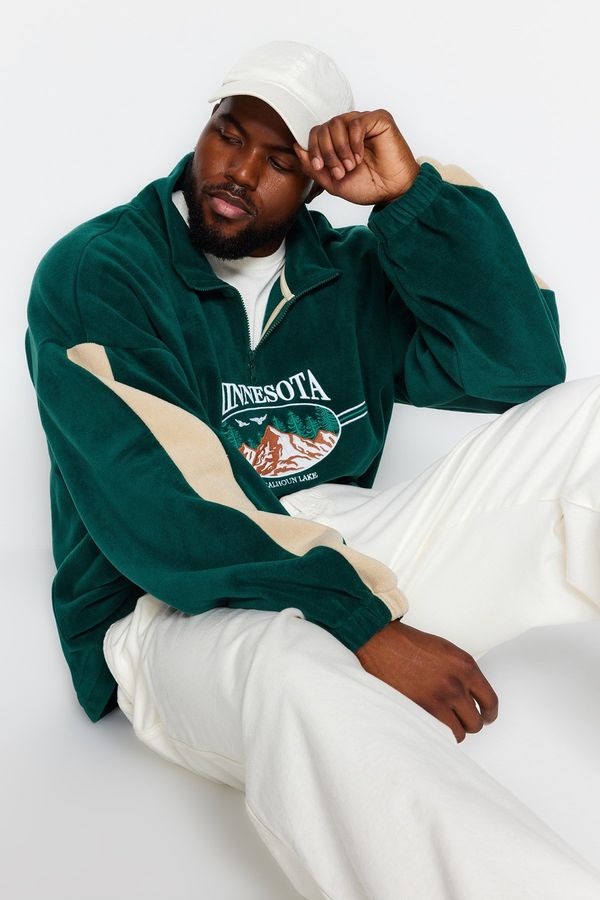 Trendyol Trendyol Emerald Green Unisex Plus Size Oversize Embroidered Anti-pilling Fleece Sweatshirt