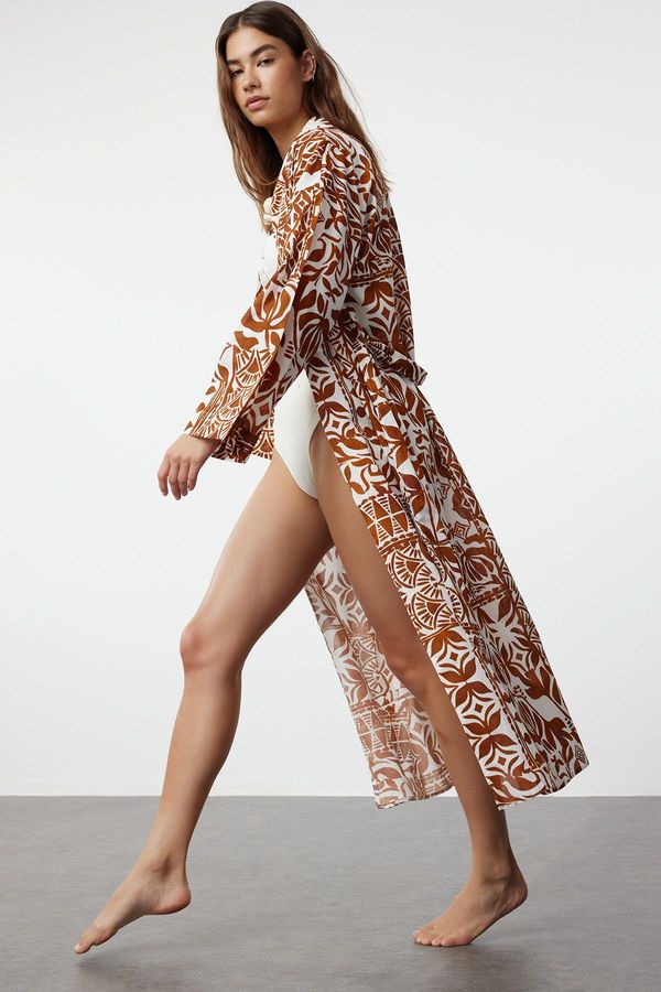 Trendyol Trendyol Ethnic Patterned Belted Maxi Woven 100% Cotton Kimono&Kaftan