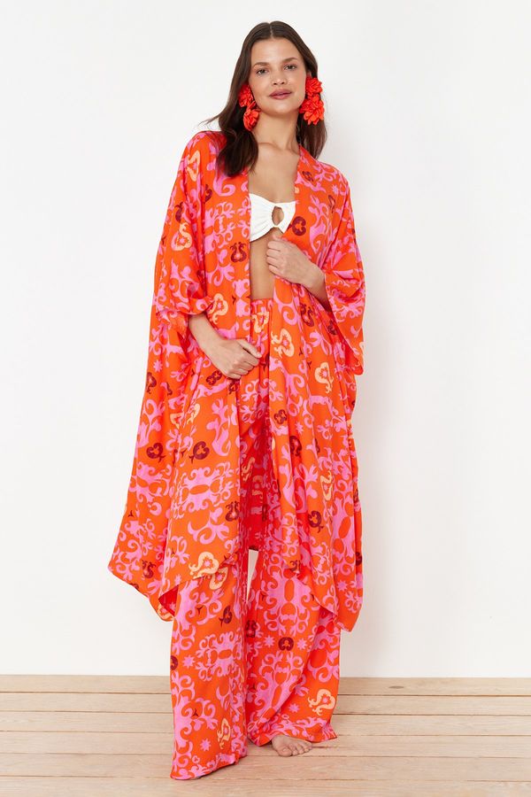 Trendyol Trendyol Ethnic Patterned Belted Maxi Woven Kimono&Kaftan
