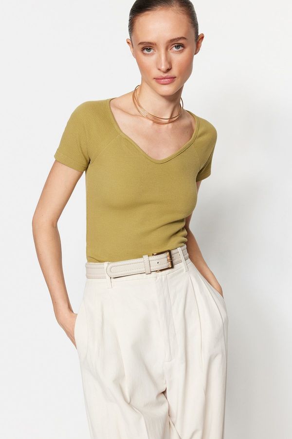 Trendyol Trendyol Fat Green Fitted Corduroy Cotton Stretch Knitted Blouse