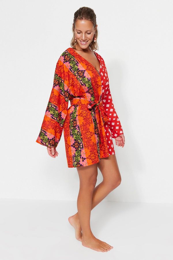 Trendyol Trendyol Floral Pattern Belted Mini Woven 100% Cotton Beach Dress