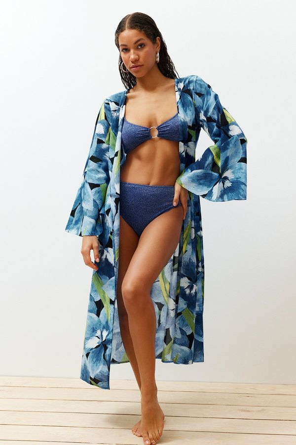 Trendyol Floral Patterned Belted Maxi Woven 100% Cotton Kimono & Kaftan