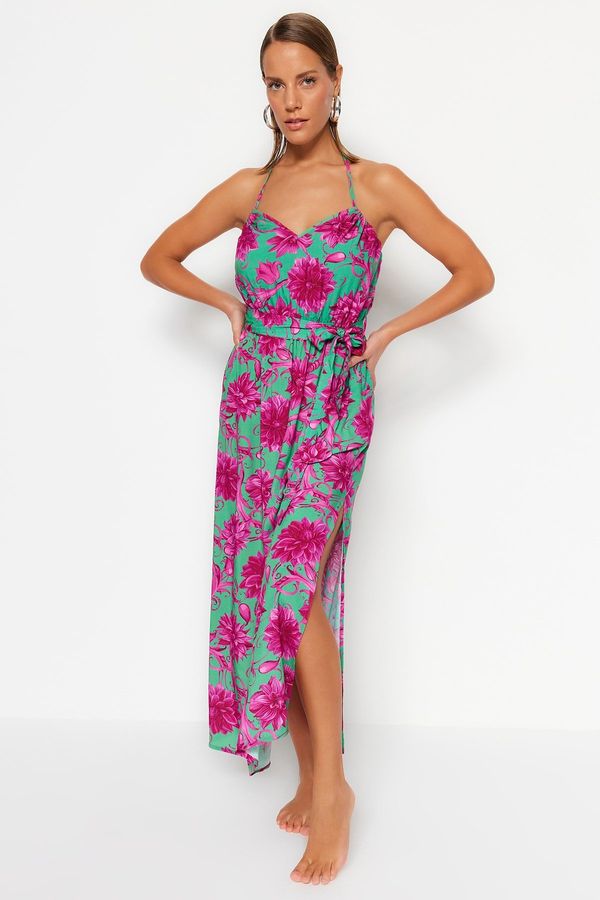 Trendyol Trendyol Floral Patterned Belted Maxi Woven Ruffle Beach Dress