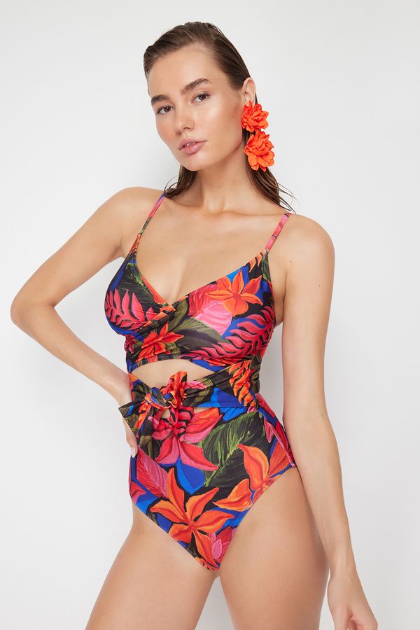 Trendyol Trendyol Floral Patterned Double Breasted Tied Regular Swimsuit