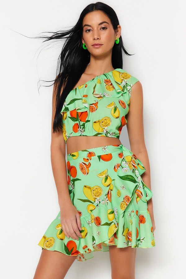 Trendyol Trendyol Fruit Patterned Woven Ruffle One-Shoulder Blouse and Skirt Set
