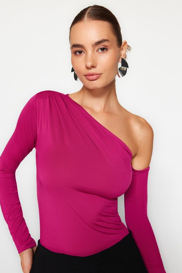 Trendyol Trendyol Fuchsia Asymmetric Collar Long Sleeve Flexible Snaps Knitted Bodysuit