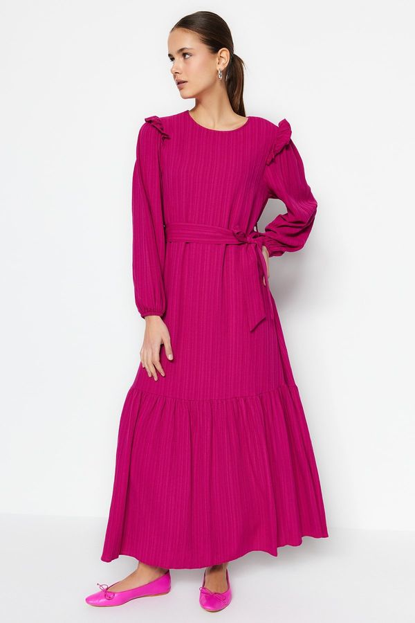 Trendyol Trendyol Fuchsia Belted Viscose-Mixed Woven Dress with a Ruffled Trim around the shoulders.
