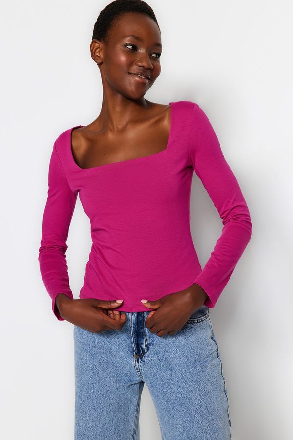 Trendyol Trendyol Fuchsia Cotton Stretch Square Neck Fitted/Situated Knit Blouse