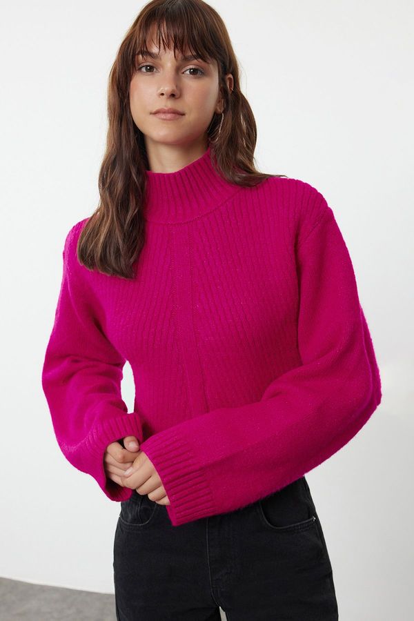 Trendyol Trendyol Fuchsia Crop Soft Textured Stand Collar Knitwear Sweater