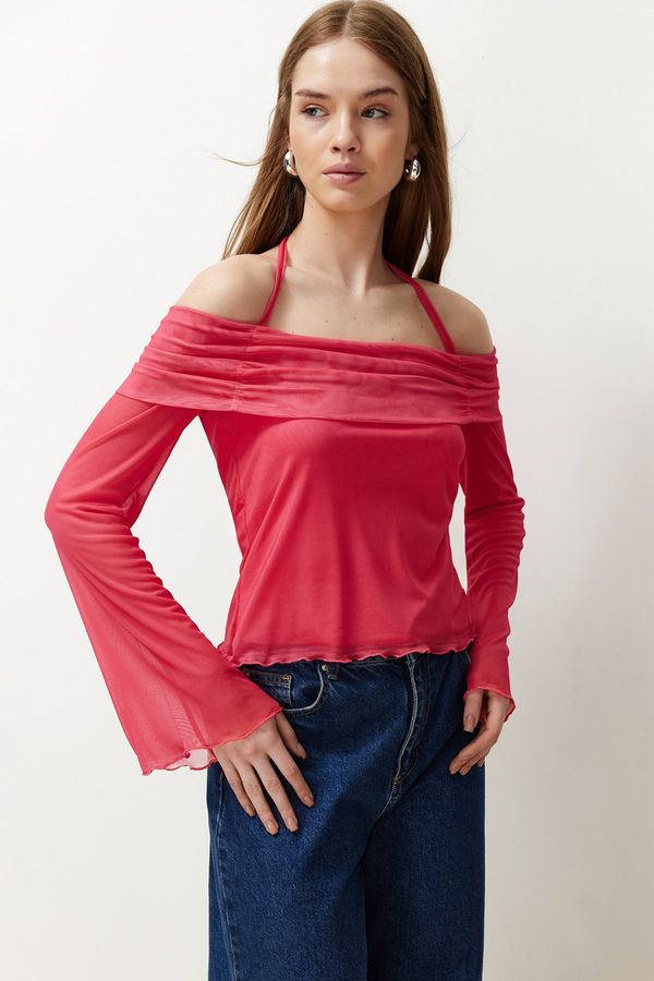 Trendyol Trendyol Fuchsia Flare Sleeve Tie Detailed Knitted Madonna Collar Blouse