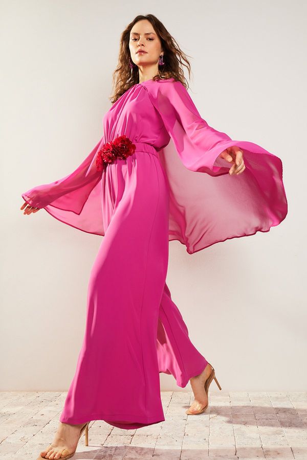 Trendyol Trendyol Fuchsia Flower Belted Chiffon Cape Satin Evening Dress Jumpsuit