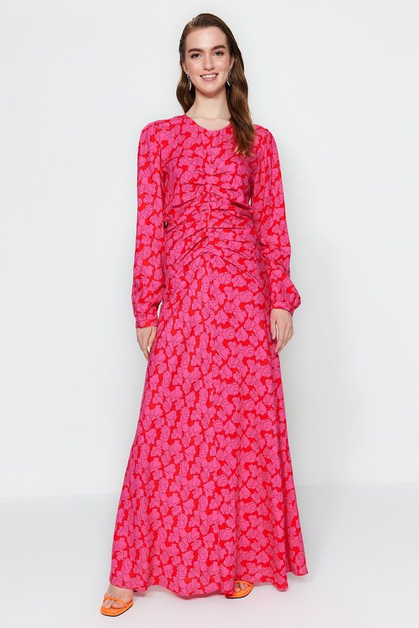 Trendyol Trendyol Fuchsia Flower Patterned Woven Dress with Stitch Detail on the Waist