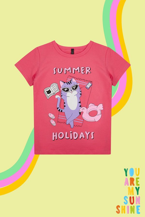 Trendyol Trendyol Fuchsia Girl's Cat Patterned Short Sleeve Knitted T-Shirt