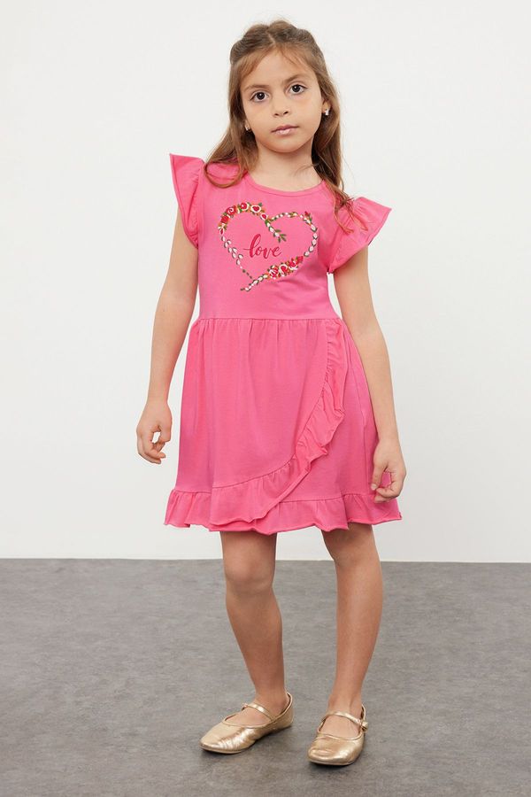 Trendyol Trendyol Fuchsia Girl's Heart Patterned Ruffle Detailed Knitted Dress