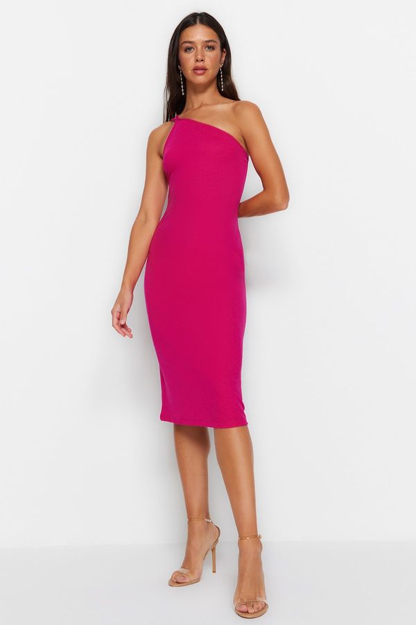 Trendyol Trendyol Fuchsia One Shoulder A-Line Midi Smart Crepe Strap Knitted Dress