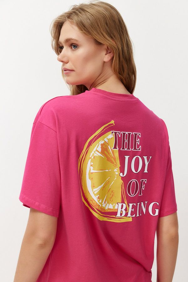 Trendyol Trendyol Fuchsia Pink 100% Cotton Back and Front Printed Oversize/Comfortable Fit Knitted T-Shirt