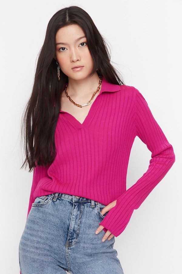 Trendyol Trendyol Fuchsia Sleeve Detailed Polo Neck Knitwear Sweater