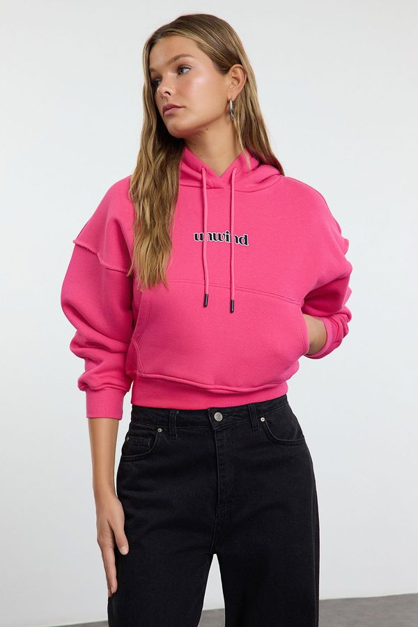 Trendyol Trendyol Fuchsia Slogan Printed Oversize/Wide Pattern Crop Thick Polar Fleece Knitted Sweatshirt