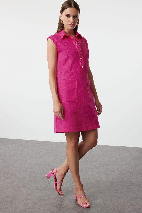 Trendyol Trendyol Fuchsia Straight Cut Pocketed Shirt Collar Linen Look Mini Woven Dress