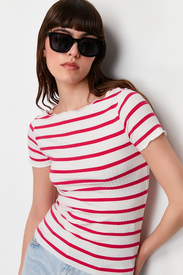 Trendyol Trendyol Fuchsia Striped Boat Rock Short Sleeve Regular/Normal Cut Ribbed Stretch Knitted Blouse